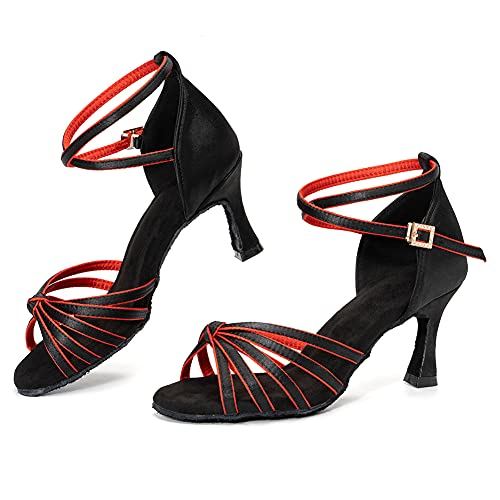 Women Latin Dance Shoes Satin Professional Ballroom Salsa Practice Performance Dance Shoes, Model EM-217GB-7cm3