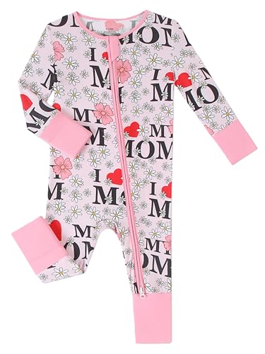 Joonberry Infant Baby Girl Clothing Bamboo Rayon Footies, Newborn outfit Footed Long Sleeve Jumpsuit with Zipper and Mitten Cuffs (I Love Mom, 3-6M)