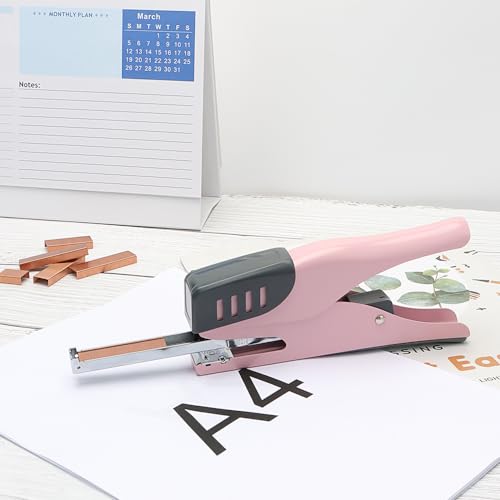 Image of NatSumeBasics Plier Effortless Stapler & 1000 Rose Gold Staples, Handheld Stapler 45 Sheet Capacity Heavy Duty Manual Staplers for Office Accessories Supplies (Pink)