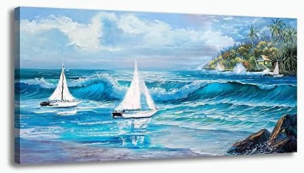 Canvas Wall Art for Living Room Abstract Seascape Beach Canvas Wall Art Blue Ocean Wall Art Sea Waves Canvas Picture Landscape Scenery Painting Nature Picture for Bedroom Bathroom Office Wall Decor