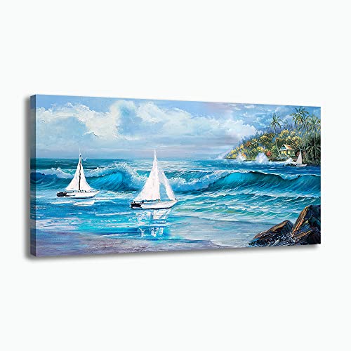 Canvas Wall Art For Living Room Abstract Seascape Beach Canvas Wall Art Blue Ocean Wall Art Sea Waves Canvas Picture Landscape Scenery Painting Nature Picture For Bedroom Bathroom Office Wall Decor #TOP2