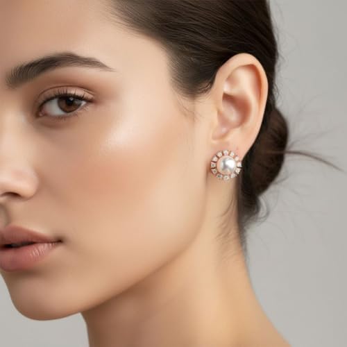 Image of Nilu's Collection Rose Gold Plated Triangular Design Pearl Stud Earrings With American Diamond for Women And Girls | Gift For Her | Anti- Allergy |Anti-Tarnish | Office Wear