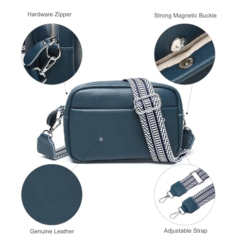 Utenwat Small Crossbody Bags for Women Genuine Leather, Guitar Strap Shoulder Handbag Purse Camera Bag with Rfid Card Slots, Blue - Thumbnail 4