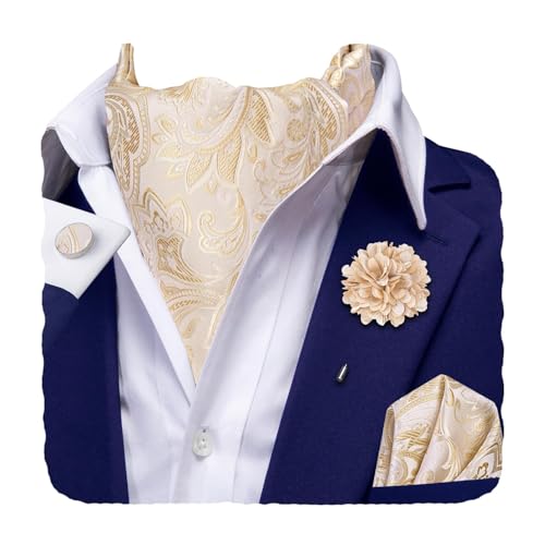 Image of Hi-Tie Silk Ascot for Men Self Tie Men's Cravat and Flower Lapel Pin Handkerchief Cufflinks Set for Wedding Party