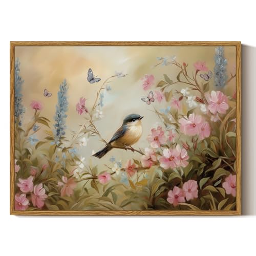ARPEOTCY Framed Canvas Wall Art Prints, Living Room Hallway Shelf Decor, Retro Floral Bird Animal Wildflower Meadow Paintings Room Wall Decor, Vintage Aesthetic Decor for Bedroom Bathroom, 30x40cm