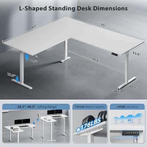 Image of 75x61 Inch L Shaped Electric Standing Desk, Corner Workstation, White