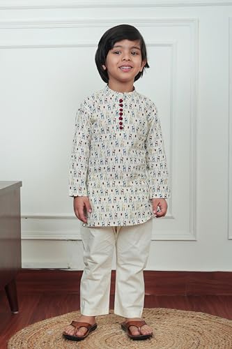 Image of POLKA TOTS Boys Cotton Ethnic Kurta Pajama Set with Attached Koti | Ethnic Motif Wear Kids Kurta Pyjama for Boys & Toddlers | Traditional Dress for Weddings & Festivals | Festive Jubba Set for Babies