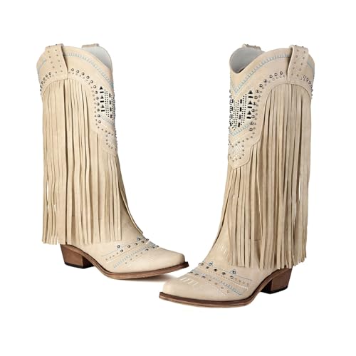 Image of Fringe Cowboy Boots for Women Wide Calf Embroidered Tassal Cowgirl Boot Knee High Snip Toe Pull On Western Shoes