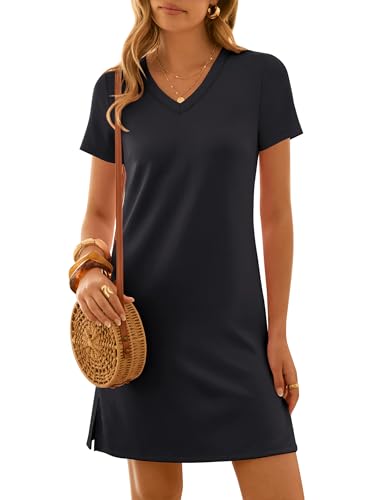 ANRABESS Summer Dress for Women 2026 Vacation Clothes Short Sleeve V Neck Casual Wrinkle-Free T Shirt Sundress Travel Holiday Black Large