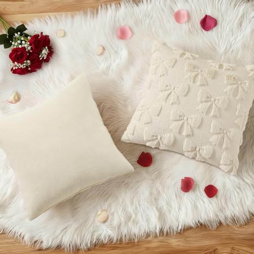 Image of decorUhome Beige Bow Pillow Covers Set of 2 Coquette Aesthetic Cute Preppy Plush Faux Pillowcases for Girly Bedroom or Couch 18x18 Inch
