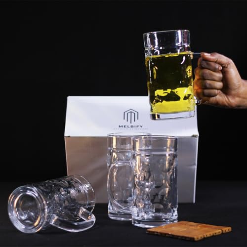 Image of Melbify Beer Mug | 600 ML |Set of 4 | Large BeerMug with Handle | Classic Beer Glasses | Premium | Heavy |Perfect for Beer, Cider,Cocktails,Mocktails | Suitable for Bar,Restuarants,Pub