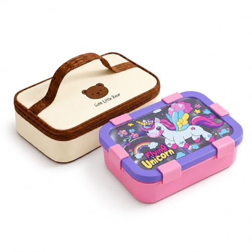 Image of Motka Kids 650 ML Lunch Box Set with Insulated Lunch Bag | 3 Compartments BPA Free Leakproof, Bento Snack Container for School, Travel & Picnic | Cute Cartoon Design for Boys & Girls (Pink)