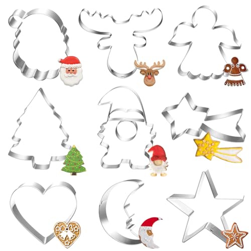 Ausstechformen Weihnachten, 9 Stück Wichtel Plätzchen Ausstecher Set, Edelstahl Plätzchenausstecher Weihnachtsbaum, Elchkopf Keksausstecher, Stern Cookie Cutter Geschenke für Backen Fondant Torten