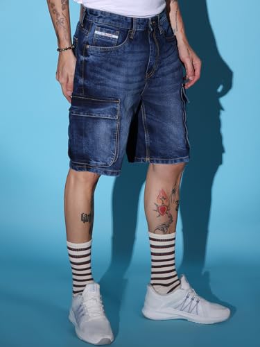 Image of The Indian Garage Co Men Relaxed Fit Solid Mid-Rise Denim Cargo Shorts