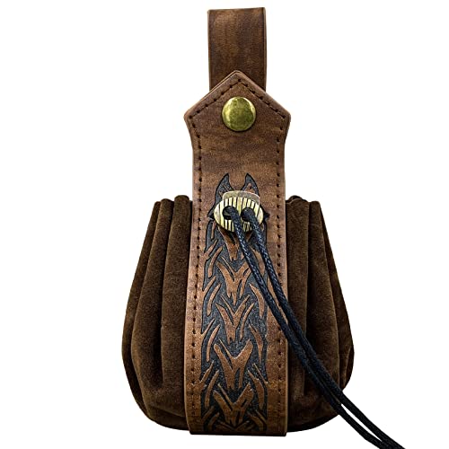 HiiFeuer Medieval Faux Leather Drawstring Pouch, Retro Nordic Portable Coin Purse, Vintage Belt Pouch Dice Bag For LARP Ren Faire (Brown B)2