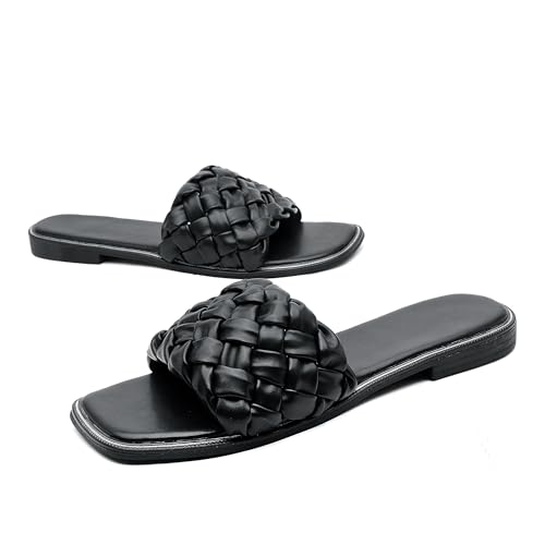 Image of INNERSECT CO Women's Braided Flat Slide Sandals - Square Toe Open Toe Casual Summer Slippers for Beach & Daily Wear (BLACK, Adult, Women, 3, Numeric, UK Footwear Size System, Medium)