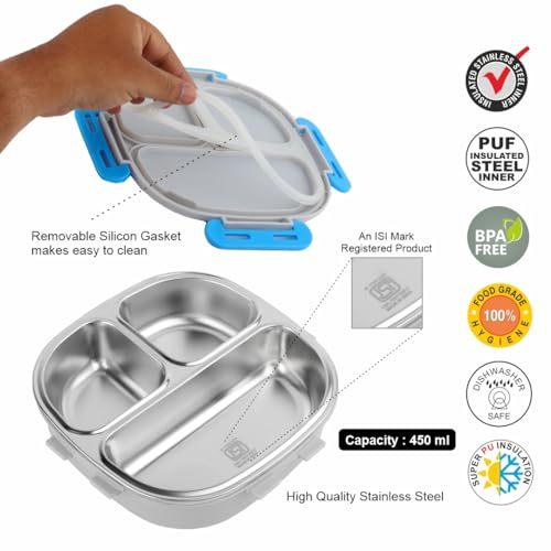 Image of SKi Homeware Baker Steel Lunch Box for Kids, 3 Compartment Insulated School Tiffin with Spoon, Leak-Proof, BPA Free, Bento Box for Boys & Girls, Birthday Gifts, Party Favours - Mickey