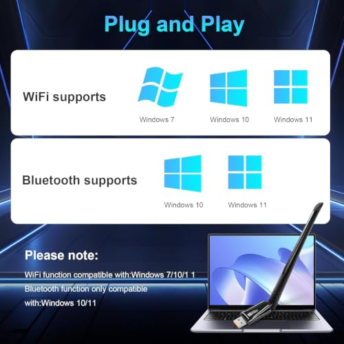 Image of BIGASUO 2-in-1 USB Bluetooth WiFi Adapter, AX900 WiFi 6 + Bluetooth 5.4 | Dual-Band 2.4GHz /5GHz with 5dBi High-Gain Antenna, Compatible with Windows 7 /10 /11 (WiFi), Windows 10 /11, Glossy Black