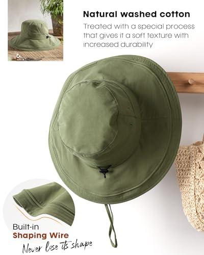 Sun Hats for Women Gardening Hat Wide Brim Ponytail Beach Sun Protection Breathable Cotton Summer Hat with Fold-Up Brim Green