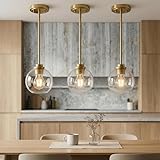 OUVR Gold Pendant Light, 7 Inch Clear Glass Farmhouse Hanging Fixture, Adjustable Height & Sloped Ceiling Compatible for Kitchen Island Dining Room Entryway Bedroom Hallway, 3 Pack