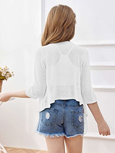Yemgsip Girls 3/4 Sleeve Tie Front Shrug Bolero Lightweight Knotted Sweaters Cardigan Short Shawl Tops White #TOP3