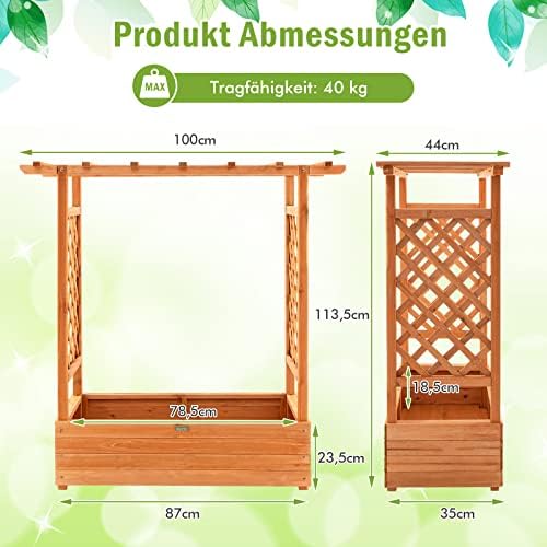 FANTASK Hochbeet mit Rankgitter & hängendem Dach, Pflanzkasten mit Rankhilfe, Blumenkasten für Kletterpflanzen & hängende Körbe 110 x 44 x113.5cm, Orange