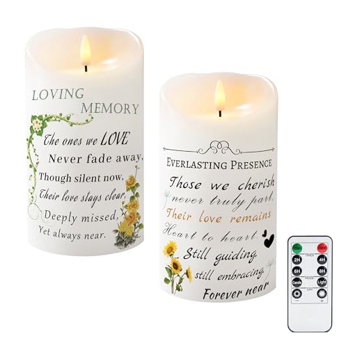 Wanshirra LED Flameless Memorial Candles - 2 Pack 7 Inch x 4 Inch Large Real Wax Pillar Candles with Remote & 24H Timer, Sunflower Sympathy Bereavement Gift for Loss of Loved One