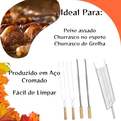 Kit Churrasco Completo 1 Grelha 2 Espetos Duplo/ 2 Simples Para Churrasqueira Aço Cabo De Madeira
