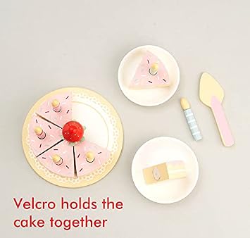 Hooga Wooden Birthday Cake Toy Pretend Play Food Toys for Kids - Pink | Pretend Role Play DIY Birthday Cutting Toy Cake, Gift for Kids Boys & Girls, with Removable Candles & Strawberry Decoration