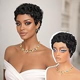 RUWISS Pixie Cut Wig Human Hair Curly Short Pixie Wigs for Black Women Glueless Human Hair Wig with Bangs for Daily Use Natural Short Bob Layered Wavy Human Hair Wigs for Black Women (Natural Black)