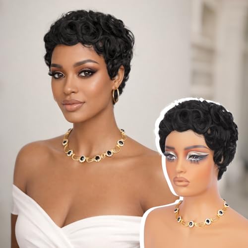 RUWISS Pixie Cut Wig Human Hair Curly Short Pixie Wigs