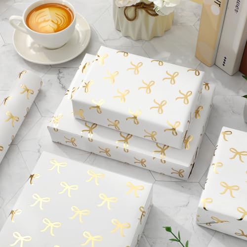 JarThenaAMCS Gold Foil Bow Wrapping Paper -Mini Roll- 17 In x 32.8 Ft White Gold Bowknot Gift Wrap Paper for Baby Shower Birthday Wedding Party Packing Supplies