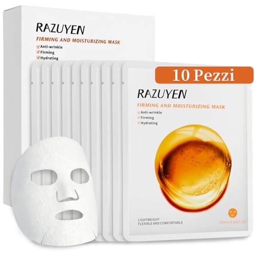 RAZUYEN Maschera Viso (10 Fogli) Rassodante e Idratante con Acido Ialuronico e Peptide, Maschere Viso Anti-rughe, Mask in Tessuto Cura della Pelle