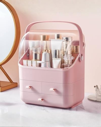 Image of LINFIDITE Cosmetic Storage Box with Lid Waterproof&Dustproof Makeup Organizer Box Portable Handle,Large Makeup Display Case with Drawers Fully Open Lid,Great for Bathroom Countertop Bedroom Dresser