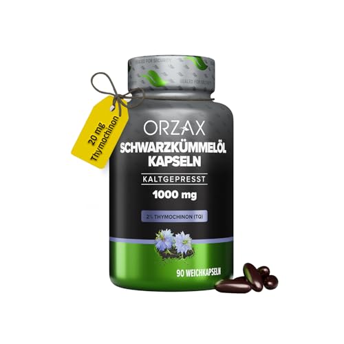 Orzax Schwarzkümmelöl Kapseln (ungefiltert) - 1000mg mit 20mg Thymochinon pro Tagesdosis (original Nigella sativa) - Türkisch - 90 Kapseln - Naturbelassen, Kaltgepresst & Laborgeprüft