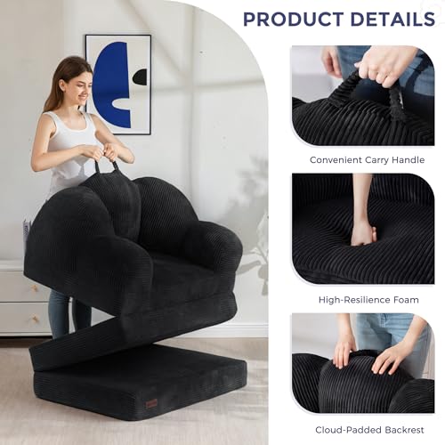 Image of MAXYOYO Folding Sofa Bed, Floral-Shaped Convertible Floor Sofa Couch with Backrest, 2 in 1 Comfy Lounger Bean Bag Chair with Handle, Floor Single Couch for Living Room Bedroom, Black