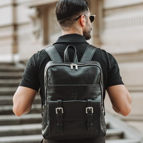 Image of Time Resistance Leather Backpack Vintage Rucksack Purse for Laptop up to 15 in Black