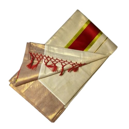 Image of Women's Kerala Kasavu Golden Gold Tissue Saree with Running Blouse Piece | Kerala Onam Saree with Tissue Mural Painted (Saree 5.5 meter, Blouse Piece 0.8 meter)