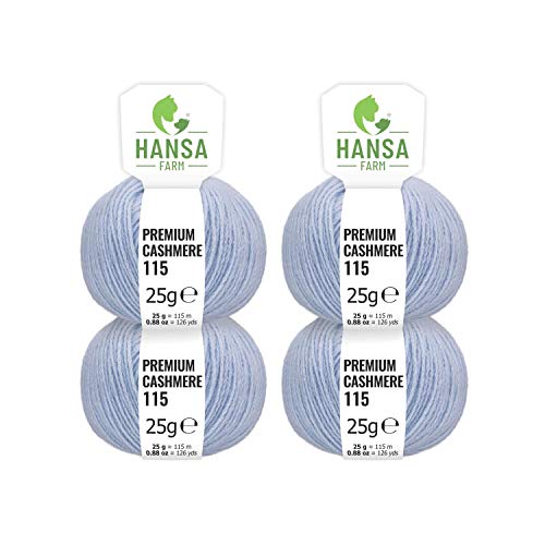 HANSA-FARM 100% Lana de Cachemir Premium en 12 Colores (Suave, no Pica) - Set de 100g (4X 25g) Fingering - Lana Fina de Cachemira para Punto y Ganchillo Azul Pastel/Celeste Cover