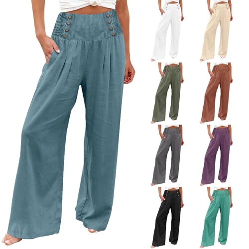 Linen Pants Women Summer High Waisted Cotton Linen Palazzo Pants Wide Leg Long Lounge Pants Work Trousers with Pocket