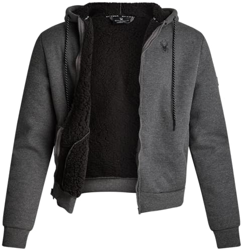 Spyder Mens Sherpa Fur Hoodie - Soft Stretch Waffle Knit Full Zip Up Hoodie Sweatshirt for Men with Cozy Sherpa Fleece Lining, Size Medium, Charcoal Heather