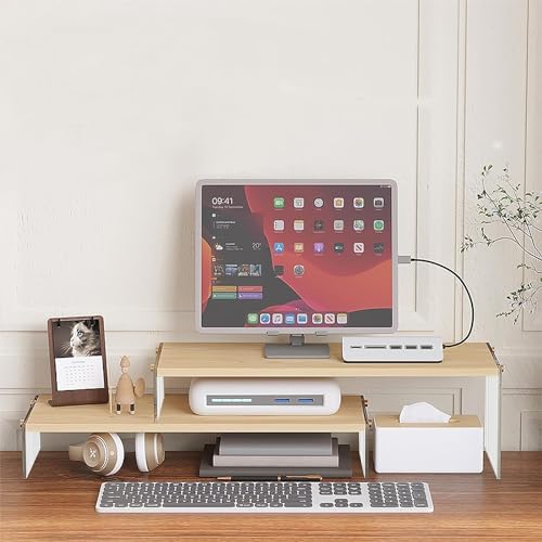 YGYQZ Adjustable Monitor Stand Riser,2 Tier Dual Wood & Acrylic Computer Monitor Stand Desk Desktop Organizer Table for Home, Office Workspace, Laptop Riser, Printer, PC & TV(wood-wavy)