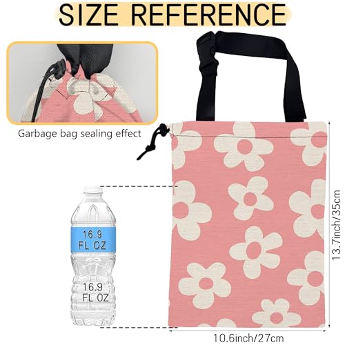Image of Pink Groovy Flowers Car Garbage Bag, Small Car Trash Bag Hanging,Drawstring Car Garbage Bag with Adjustable Buckle for Car Back Seat,SUVs,Camping,Road Trips