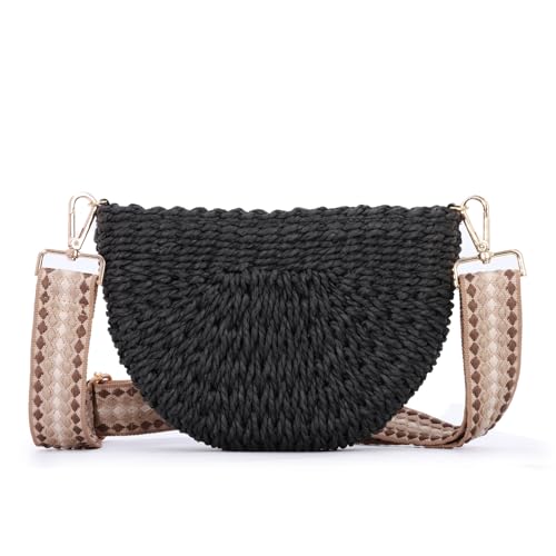 Fecialy Handmade Straw Crossbody Bag for Women Semicircle Woven Handbag Summer Beach Shoulder Bag