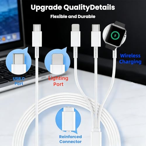 Image of Verilux 3 in 1 Multi Watch Charger Cable, 5.9Ft /1.8M Type C Cable for iPhone Magnetic Charging Cable for Watch, Type C to C /Lighting /Magnetic Pad for iPhone 17 /16 /15 /14, iWatch Ultra /SE Series 11 /10
