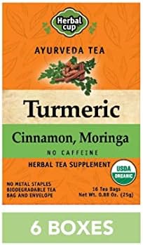 Herbal Cup Ayurveda Turmeric Tea, Organic Cinnamon Moringa, No Caffeine Herbal Supplement (16 Count, Pack of 6)