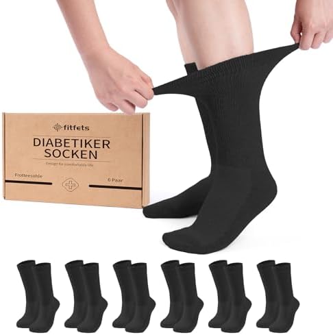 fitfets Diabetikersocken Herren Damen, 6 Paar Frotteesohle, ohne Gummibund | Baumwolle mit Frotteesohle & Komfortbund, Socken ohne Naht, hautfreundlich und atmungsaktiv für empfind