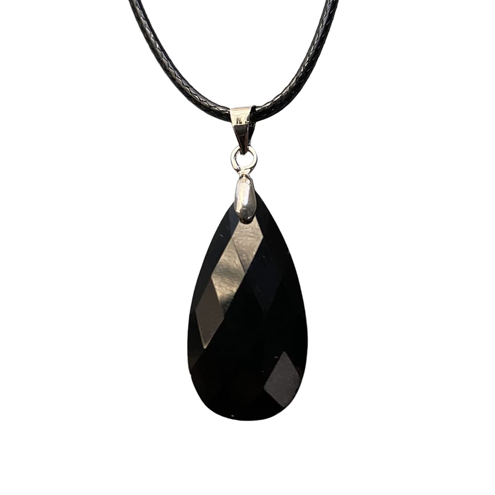VIE Teardrop Faceted Pendant with Black Cord, 2.5x1.5cm, Black Obsidian
