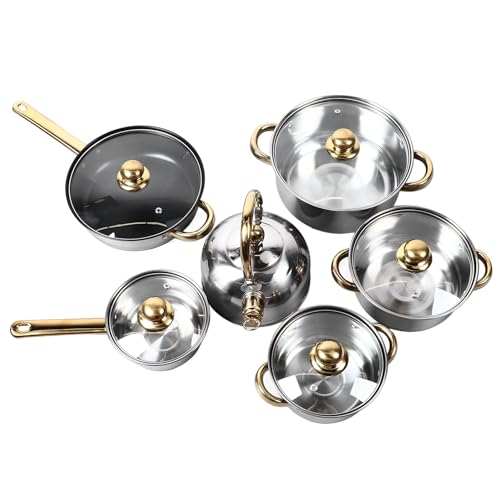 12 Piece Stainless Steel Pots and Pans Set, Professional Cookware Set with Gold Handle, Heat Resistant Easy to Frying Pan Skillet for All Cooktops, Multiple Sizes