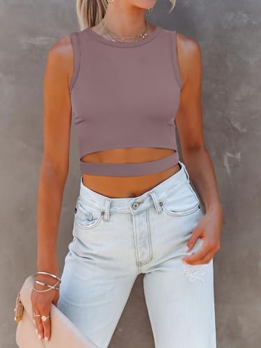 Image of ANRABESS Women Tank Tops High Neck Sleeveless Sexy Cutout Racer Back Going Out Crop Tops Shirts Summer Y2K Outfits